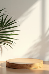 Aufkleber - Wood table or product display platform design features a subtle shadow of a palm leaf on a textured wall background._00001_