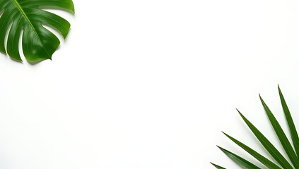 Aufkleber - White background features tropical leaves with natural elements evoking a sense of summer freshness and serenity in simple composition._00002_