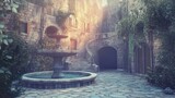 Stone Courtyard Fountain Ancient Architecture Serene Setting