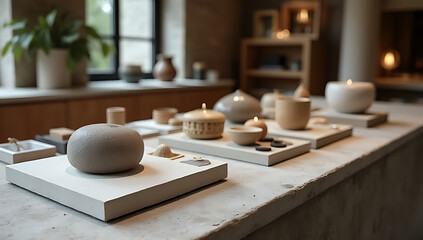 Poster - The tabletop has a cement surface that showcases products, serving as a selective focus display platform for showcasing various items._00002_