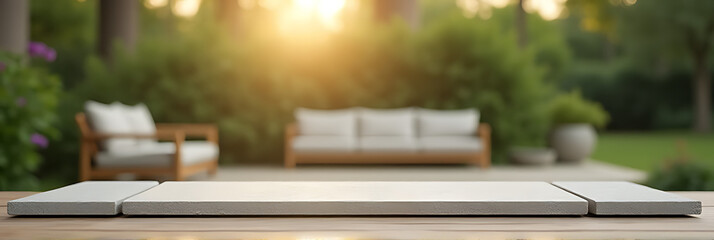 Poster - Sandstone top product display platform features a living room and garden setting with a unique Bokeh effect in the background._00001_
