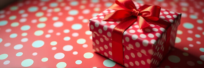 Aufkleber - Red dot pattern decorates a gift box placed on a colorful tablecloth for a festive party celebration background idea concept._00002_