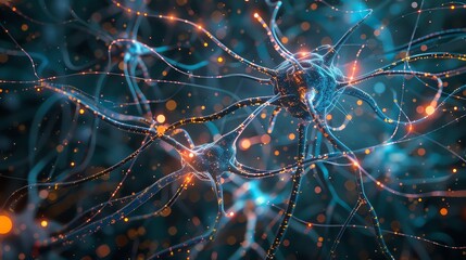 Poster - A microscopic image of neurons, with glowing lines and dots.