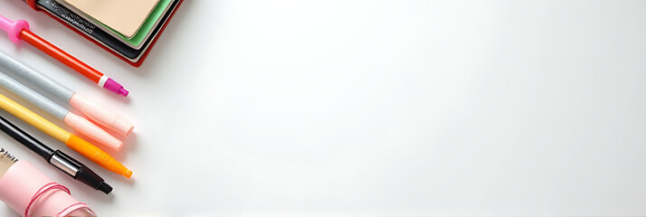 Aufkleber - Office supplies arranged on a flat lay tabletop against a plain white background, creating a copy space image._00001_