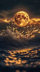 Wall Mural - full moon over ocean waves at night