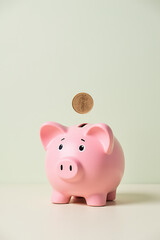 Poster - Money and financial concepts are visually represented on a piggy bank against a soft pastel colored background._00001_