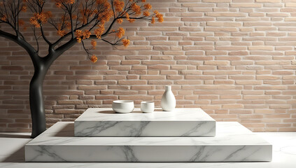 Aufkleber - Marble countertop incorporates a product display platform with a subtle shadow tree on a rustic brick wall background._00001_