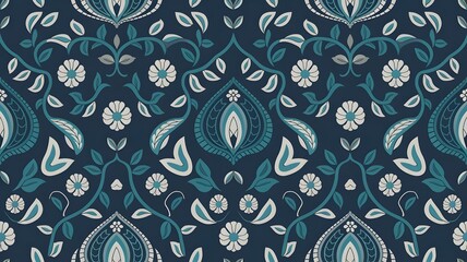 Poster - A detailed close up of a dark blue fabric with a repeating floral and paisley pattern in lighter blues and whites