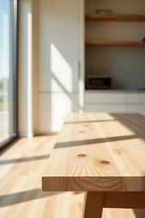 Aufkleber - Lightly placed wood tabletop with an abstract design blends into a minimalist kitchen room setting with plenty of space surrounding it._00001_