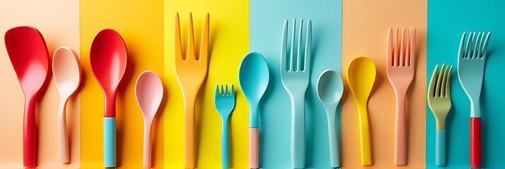 Poster - Colorful utensils are displayed on a flat colorful surface creating a visually appealing top down composition._00002_