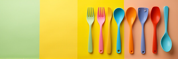 Poster - Colorful utensils are displayed on a flat colorful surface creating a visually appealing top down composition._00001_