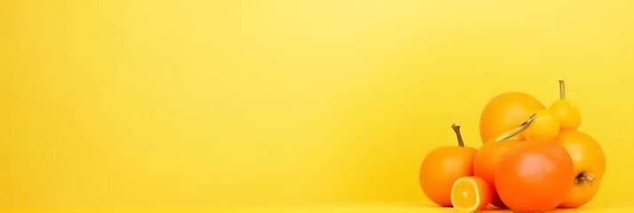 Poster - Colorful orange fruit displayed on a soft yellow pastel background evokes concepts and ideas about healthy eating habits naturally._00001_