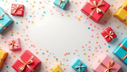 Poster - Colorful gift boxes with confetti and a flat lay design make for an ideal party background with creative ideas._00001_