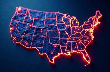Aufkleber - A vibrant outline of the United States is displayed, highlighting state borders with a luminous red glow. It captures the geographical layout and emphasizes major cities with glowing dots.