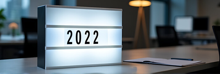 Aufkleber - Action plan details for 2022 are displayed on a light box situated on an office desk._00002_