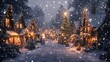 © CatholicPicture - A festive snow-covered village with cobblestone streets lined by glowing cottages, a Christmas tree shimmering with ornaments and lights in the town square, snowflakes drifting softly,