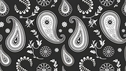 a monochromatic paisley pattern featuring intricate floral and teardrop designs on a dark background