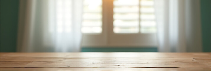 Poster - A wooden tabletop features a blurred window with shutters partially hidden behind a flowing white curtain in the background._00002_