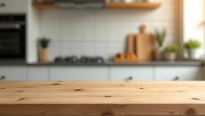 Poster - A wooden table top comes into sharp focus while the kitchen counter behind it is blurred out of focus._00001_