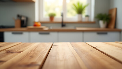 Poster - A wooden table top comes into sharp focus while the kitchen counter behind it is blurred out of focus._00002_
