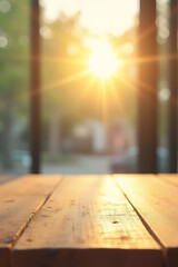 Aufkleber - A wood table top with a blurry sunlit glass window background is ideal for a product display or key visual layout._00002_