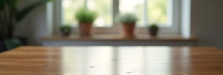 Poster - A wood table top reflects a blurry window view with a subtle wall background in soft focus._00001_