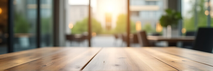 Poster - A wood table has a blurred glass window of a building as its background in a clear shot outside._00002_