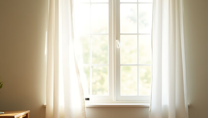 Poster - A white curtain is set in a sunny window allowing natural light to filter into the room softly._00001_
