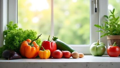 Poster - A set of various vegetables occupies a portion of a kitchen counter near a window with plenty of copy space._00002_