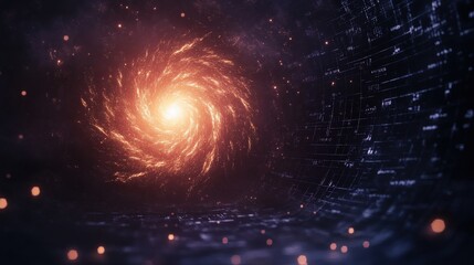 Wall Mural - a swirling galaxy emerges from a cosmic void, radiating bright light and surrounded by a dark, starr