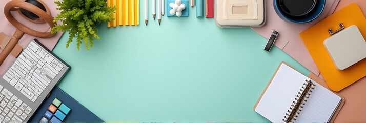 Aufkleber - A modern office desk setting with various supplies and decorative accessories arranged neatly on a colorful flat lay surface._00002_