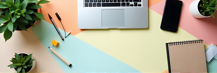 Aufkleber - A modern office desk setting with various supplies and decorative accessories arranged neatly on a colorful flat lay surface._00001_
