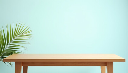 Aufkleber - A minimalist wooden table is featured in a serene scene with a coconut leaf on a pale blue sky background for design purposes._00002_