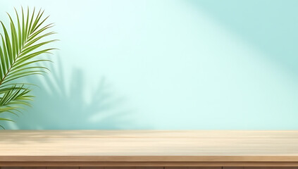 Aufkleber - A minimalist wooden table is featured in a serene scene with a coconut leaf on a pale blue sky background for design purposes._00001_