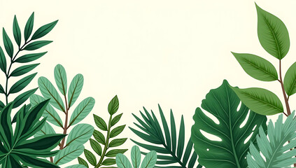Poster - A collection of tropical leaves and foliage plants with a simple abstract leaf decoration design in the background._00001_