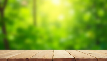 Aufkleber - A blurred wood table top with an abstract green background from a garden scene is suitable for a product display layout._00002_