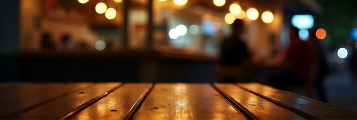Poster - A blurred wood table is partially visible in the dimly lit background of a bustling nighttime café or restaurant scene._00026_