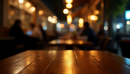 Poster - A blurred wood table is partially visible in the dimly lit background of a bustling nighttime café or restaurant scene._00023_