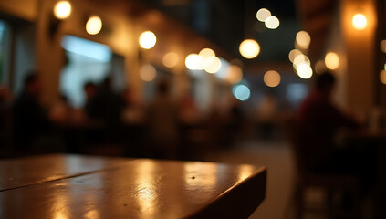 Poster - A blurred wood table is partially visible in the dimly lit background of a bustling nighttime café or restaurant scene._00003_