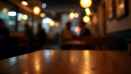 Poster - A blurred wood table is partially visible in the dimly lit background of a bustling nighttime café or restaurant scene._00004_
