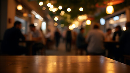 Poster - A blurred wood table is partially visible in the dimly lit background of a bustling nighttime café or restaurant scene._00002_