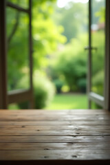 Aufkleber - A blurred green garden scene is visible through a window opposite an empty wooden table in an abstract style._00002_