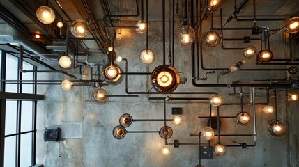 Poster - Contemporary ceiling design showcasing carefully aligned electrical conduits, junction boxes, and unique exhibition lamps, alongside exposed plumbing lines.
