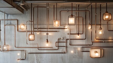 Poster - Contemporary ceiling design showcasing carefully aligned electrical conduits, junction boxes, and unique exhibition lamps, alongside exposed plumbing lines.