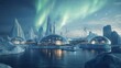 © YURCHENKO ROMAN - A futuristic city sits on icy terrain illuminated by auroras