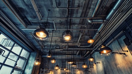 Fototapete - Industrial-modern ceiling with visible conduits, junction boxes, exposed plumbing pipes, and uniquely designed exhibition lamps for an artistic vibe.