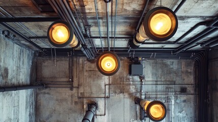 Poster - Industrial-modern ceiling with visible conduits, junction boxes, exposed plumbing pipes, and uniquely designed exhibition lamps for an artistic vibe.