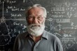 © Iftikhar alam - Distinguished Older Gentleman With White Beard Stands Before Chalkboard Filled With Equations, A distinguished older gentleman with a white beard and glasses, standing in front of a chalkboard