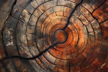 Aufkleber - Detailed cross-section of a tree trunk revealing growth rings and natural textures in earthy tones