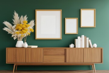 Wall Mural - Elegant emerald green wall adorned with framed artwork, wooden sideboard displaying pampas grass, books, and floral arrangements in a cozy interior